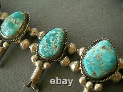 Native American Fox Turquoise Sterling Silver Squash Blossom Bead Necklace