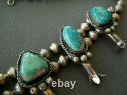 Native American Fox Turquoise Sterling Silver Squash Blossom Bead Necklace