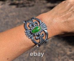 Native American Green Turquoise Cuff Bracelet Sterling Silver Navajo Sz 6.75in