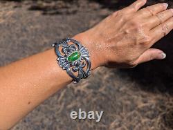 Native American Green Turquoise Cuff Bracelet Sterling Silver Navajo Sz 6.75in