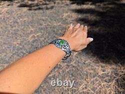 Native American Green Turquoise Cuff Bracelet Sterling Silver Navajo Sz 6.75in