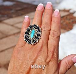 Native American Handmade Women's Navajo Ring Turquoise & Jet Cluster Sz 7US