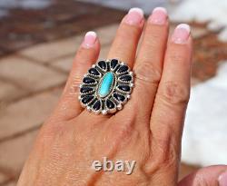 Native American Handmade Women's Navajo Ring Turquoise & Jet Cluster Sz 7US
