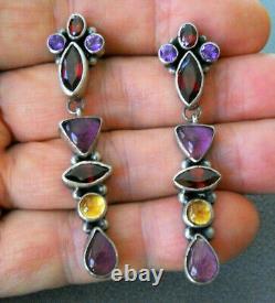 Native American Indian Multi-Stone Cluster Sterling Silver Drop Earrings RD 2.5
