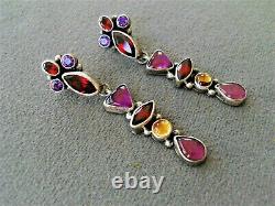 Native American Indian Multi-Stone Cluster Sterling Silver Drop Earrings RD 2.5