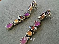 Native American Indian Multi-Stone Cluster Sterling Silver Drop Earrings RD 2.5
