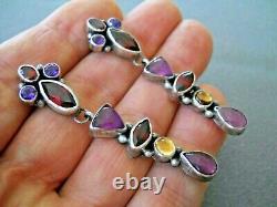 Native American Indian Multi-Stone Cluster Sterling Silver Drop Earrings RD 2.5