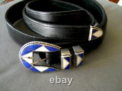 Native American Lapis & White Shell Sterling Silver Ranger Set Black Belt Sz 28