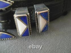 Native American Lapis & White Shell Sterling Silver Ranger Set Black Belt Sz 28