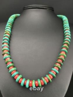 Native American Men's Turquoise & Coral Bead Necklace Navajo 22 3712