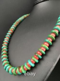 Native American Men's Turquoise & Coral Bead Necklace Navajo 22 3712