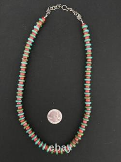 Native American Men's Turquoise & Coral Bead Necklace Navajo 22 3712