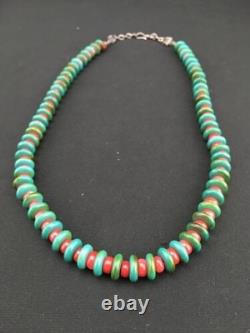 Native American Men's Turquoise & Coral Bead Necklace Navajo 22 3712