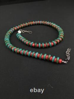 Native American Men's Turquoise & Coral Bead Necklace Navajo 22 3712