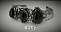 Native American NAVAJO Cuff Bracelet Sterling Silver Natural BLACK ONYX Vintage