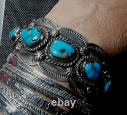 Native American NAVAJO Sterling Silver Natural Blue TURQUOISE GEM Cuff Bracelet