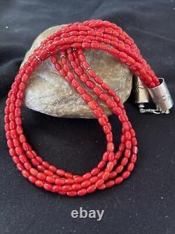 Native American Navajo 5S Red CORAL Sterling Silver Necklace Gift 18 1055