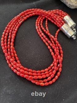 Native American Navajo 5S Red CORAL Sterling Silver Necklace Gift 18 1055