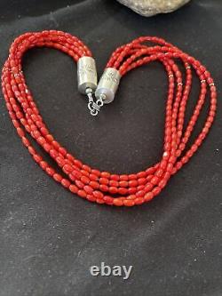 Native American Navajo 5S Red CORAL Sterling Silver Necklace Gift 18 1055