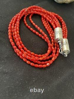 Native American Navajo 5S Red CORAL Sterling Silver Necklace Gift 18 1055