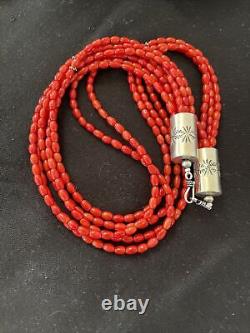 Native American Navajo 5S Red CORAL Sterling Silver Necklace Gift 18 1055