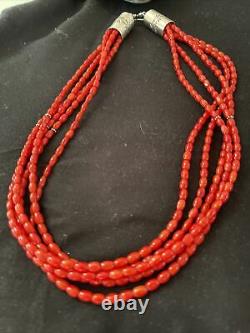 Native American Navajo 5S Red CORAL Sterling Silver Necklace Gift 18 1055