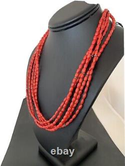 Native American Navajo 5 Strand Red Coral Sterling Silver Necklace 1140