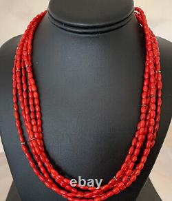 Native American Navajo 5 Strand Red Coral Sterling Silver Necklace 1140