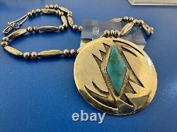 Native American Navajo 925 Sterling Silver Turquoise Hand Made Pendant Necklace