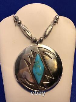 Native American Navajo 925 Sterling Silver Turquoise Hand Made Pendant Necklace