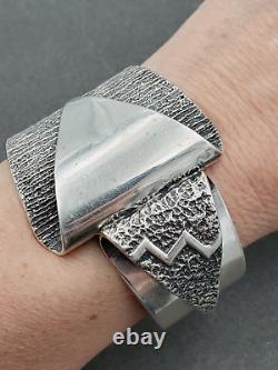 Native American Navajo Aaron Anderson Sterling Tufa Cast Cuff Bracelet with Block