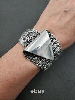 Native American Navajo Aaron Anderson Sterling Tufa Cast Cuff Bracelet with Block