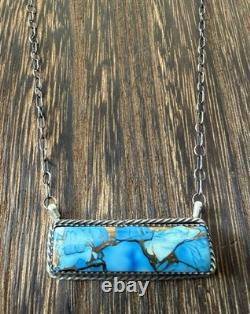Native American Navajo Artisan Tia Long Kingman Ice Blue Dahlia Bar Necklace