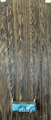 Native American Navajo Artisan Tia Long Kingman Ice Blue Dahlia Bar Necklace