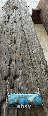 Native American Navajo Artisan Tia Long Kingman Ice Blue Dahlia Bar Necklace