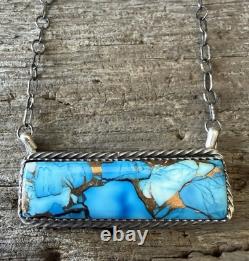 Native American Navajo Artisan Tia Long Kingman Ice Blue Dahlia Bar Necklace