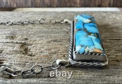 Native American Navajo Artisan Tia Long Kingman Ice Blue Dahlia Bar Necklace