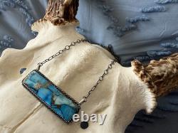 Native American Navajo Artisan Tia Long Kingman Ice Blue Dahlia Bar Necklace