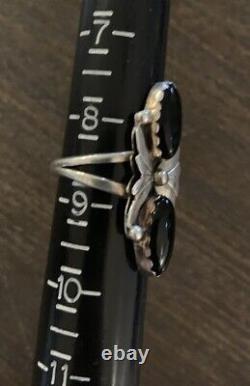 Native American Navajo Black Onyx & Sterling Silver Ring Signed A