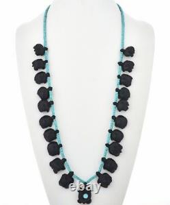 Native American Navajo Black Onyx Turtles Fetish & Turquoise Beads Necklace