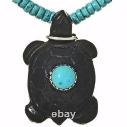 Native American Navajo Black Onyx Turtles Fetish & Turquoise Beads Necklace