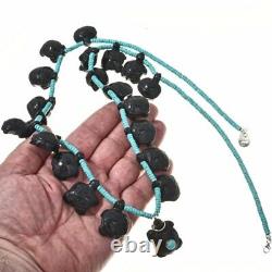 Native American Navajo Black Onyx Turtles Fetish & Turquoise Beads Necklace