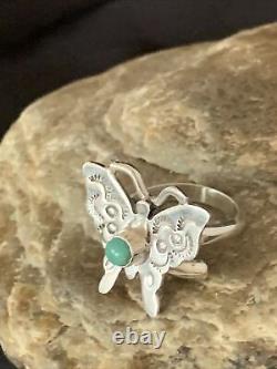 Native American Navajo Blue Turquoise Butterfly Sterling Silver Ring Adj 7 10676