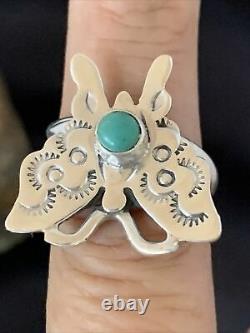 Native American Navajo Blue Turquoise Butterfly Sterling Silver Ring Adj 7 10676