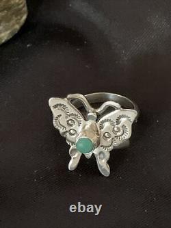 Native American Navajo Blue Turquoise Butterfly Sterling Silver Ring Adj 7 10676