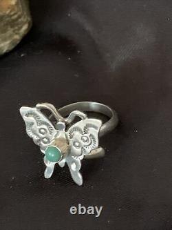 Native American Navajo Blue Turquoise Butterfly Sterling Silver Ring Adj 7 10676