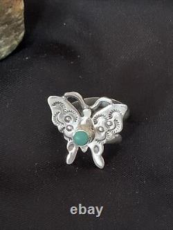 Native American Navajo Blue Turquoise Butterfly Sterling Silver Ring Adj 7 10676