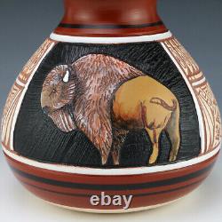 Native American Navajo Buffalo Pottery Vase By Antionette Sherman