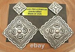 Native American Navajo Concho Repousse Sterling Silver Earrings Harris Joe LG