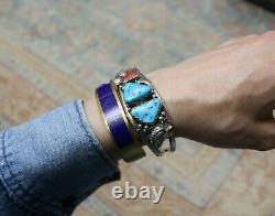 Native American Navajo Foliate Sterling Silver Turquoise Coral Cuff Bracelet
